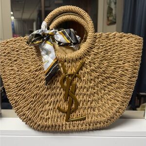 Yves Saint Laurent Natural Straw Tote with Gold Logo and Black-White Scarf